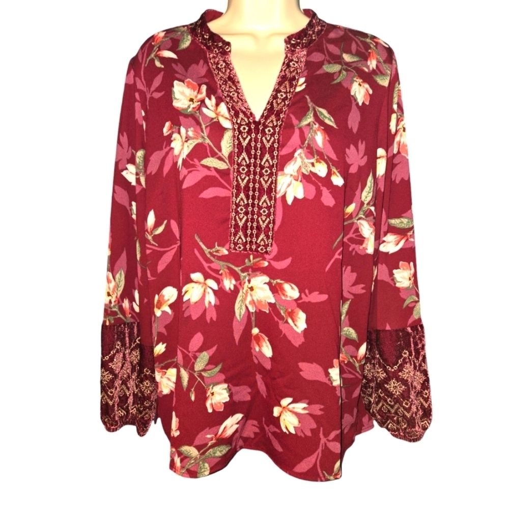 Burgundy Bishop Sleeve Floral Blouse with velvet accents, Size Small - Picture 1 of 14